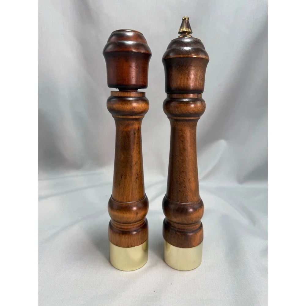 Gail Craft Salt Shaker Pepper Mill Set Wood Brass MCM Vintage Japan 10